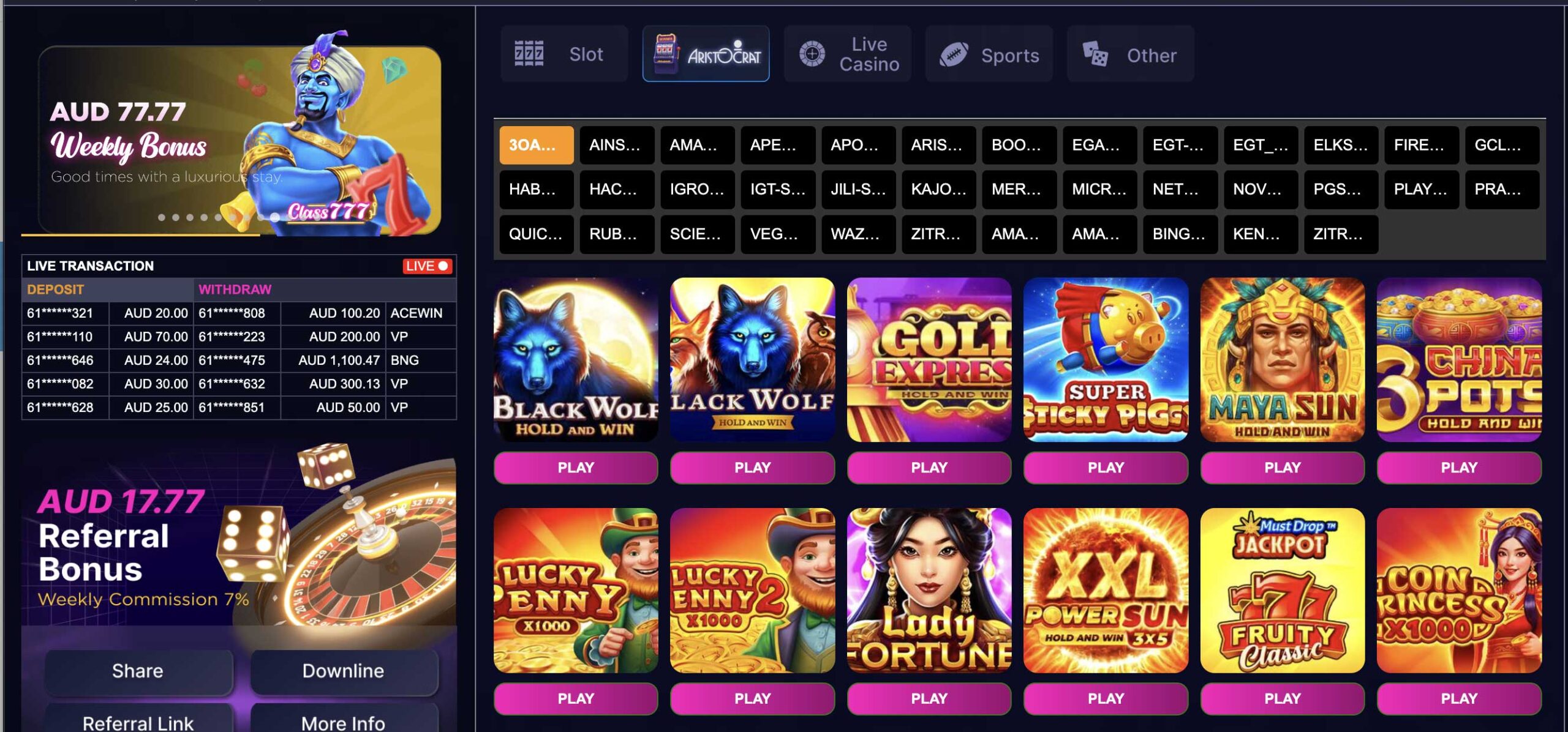Class777 Casino online pokies lobby and game categories