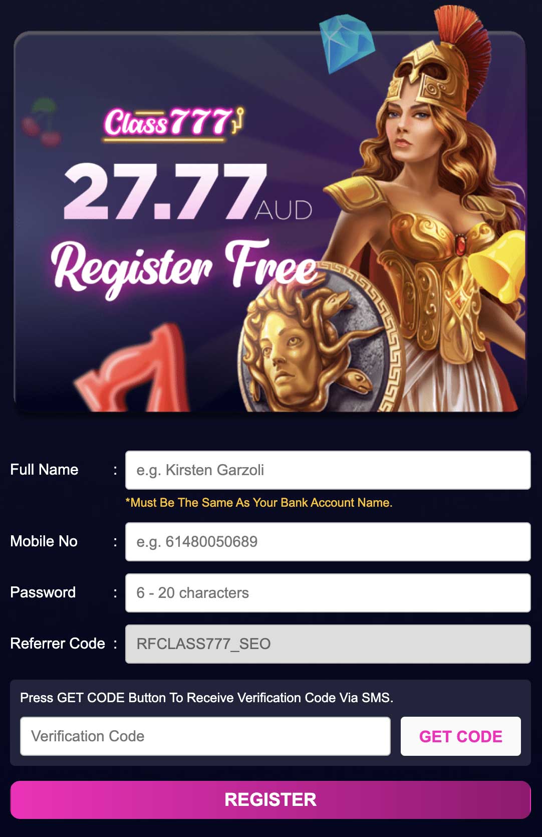 Step-by-step registration form at Class777 Casino
